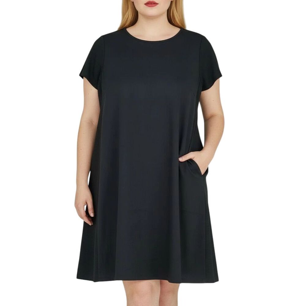 J Jill Pure Dress M Black Linen with Knit Sides Breathable Lagenlook Minimalist